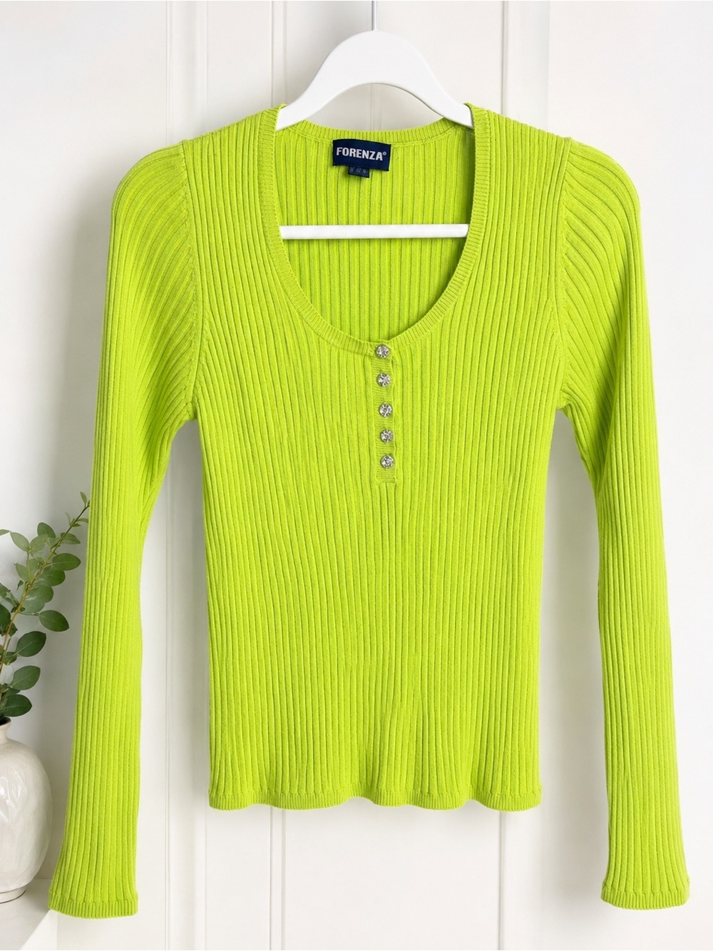 Vintage Forenza Neon Lime Ribbed Long Sleeve Henley Top